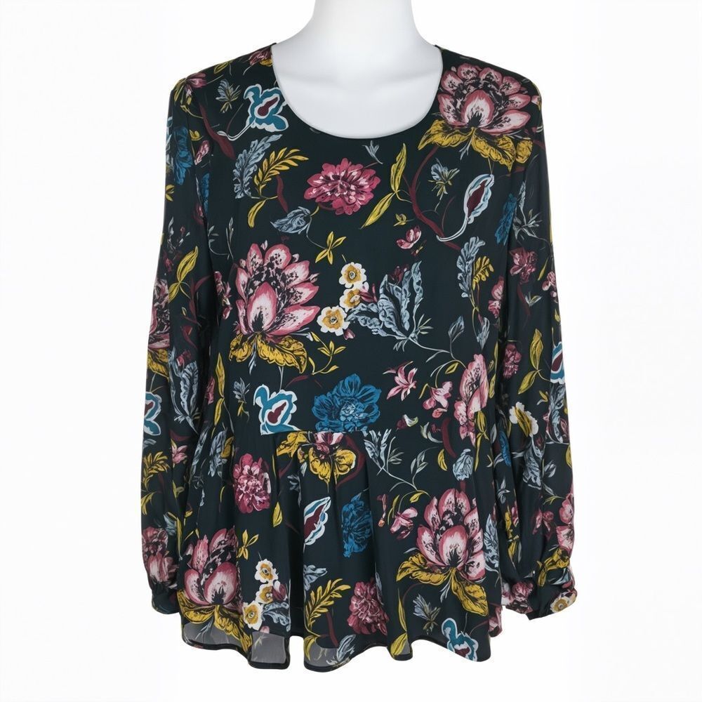 Ann Taylor LOFT Teal Floral Peplum Blouse, Size Small. - Picture 3 of 11